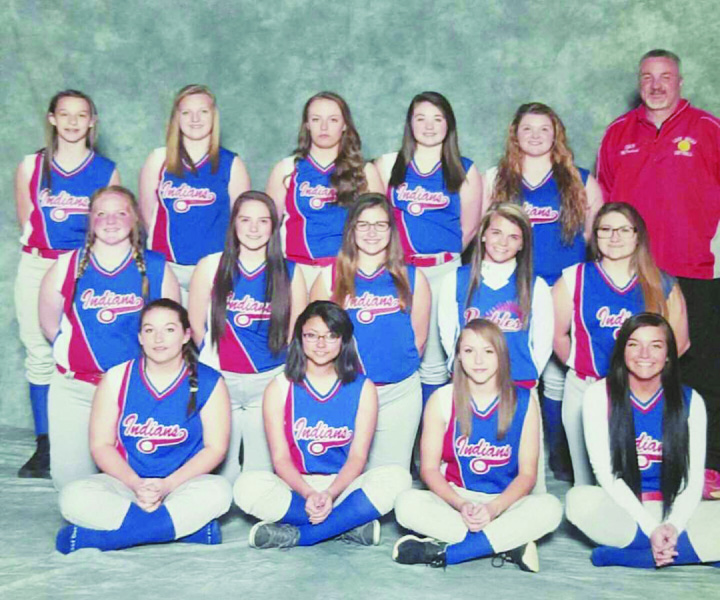 The 2016 Peebles Lady Indians JV softball team: Front row, from left, Nicole Burns, Tasia Smith, Rebecca Kinnett, and Mackenzie Jordan; Middle row, from left, Skylar Renchen, Johna Dunigan, Francis Rogers, Courtney Spires, and Amber Chapman; Back row, from left, Abbey Smart, Star Robinson, Mackenzee Farahay, Cheyann Meyer, Gabby Houchen, and Lady Indians Varsity coach Doug McFarland.  Provided photo.