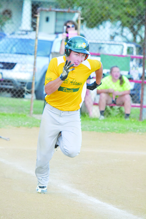 North Adams’ Brandon Figgins legs out one of his two infield hits during his team’s 16-6 win over Peebles on Tuesday night in the “B” league tournament.  Figgins also stole four bases as his squad used a five-run fourth and a six-run fifth to claim the quarterfinal victory.