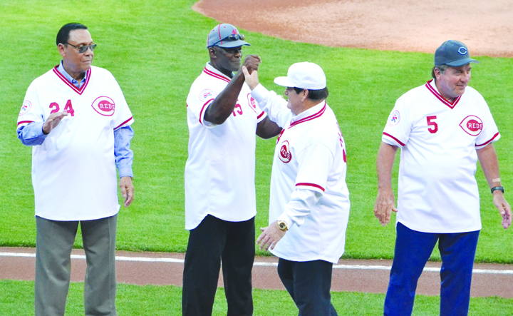 Pictured here are four members of the 1976 World Champion Cincinnati Reds who took part in on-field ceremonies last Friday night at Great American Ball Park.  From left, Tony Perez, George Foster, Pete Rose, and Johnny Bench.