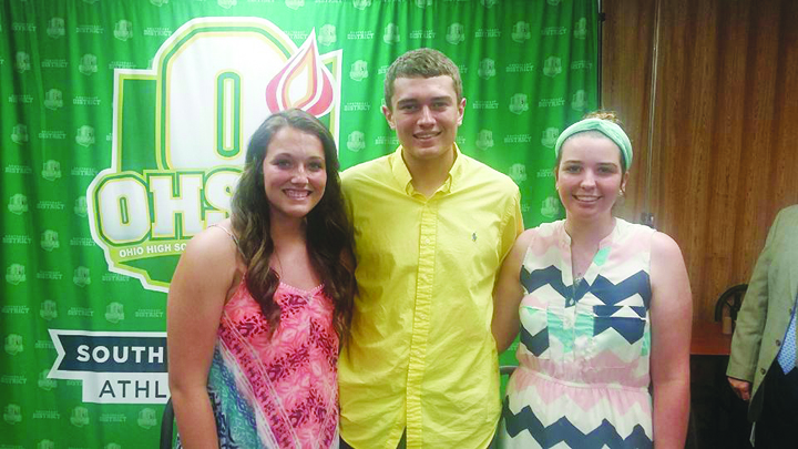 From left, Morgan Johnson, Sean Frost, and Jade Spriggs were awarded OHSAA Southeast District Scholarship at ceremonies on June 23.