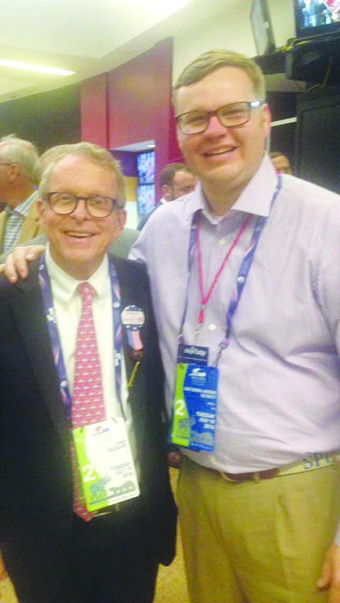 Adams County Commissioner Stephen Caraway, right, attending last week's Republican Convention in Cleveland, is seen here with Ohio Attorney General Mike DeWine.