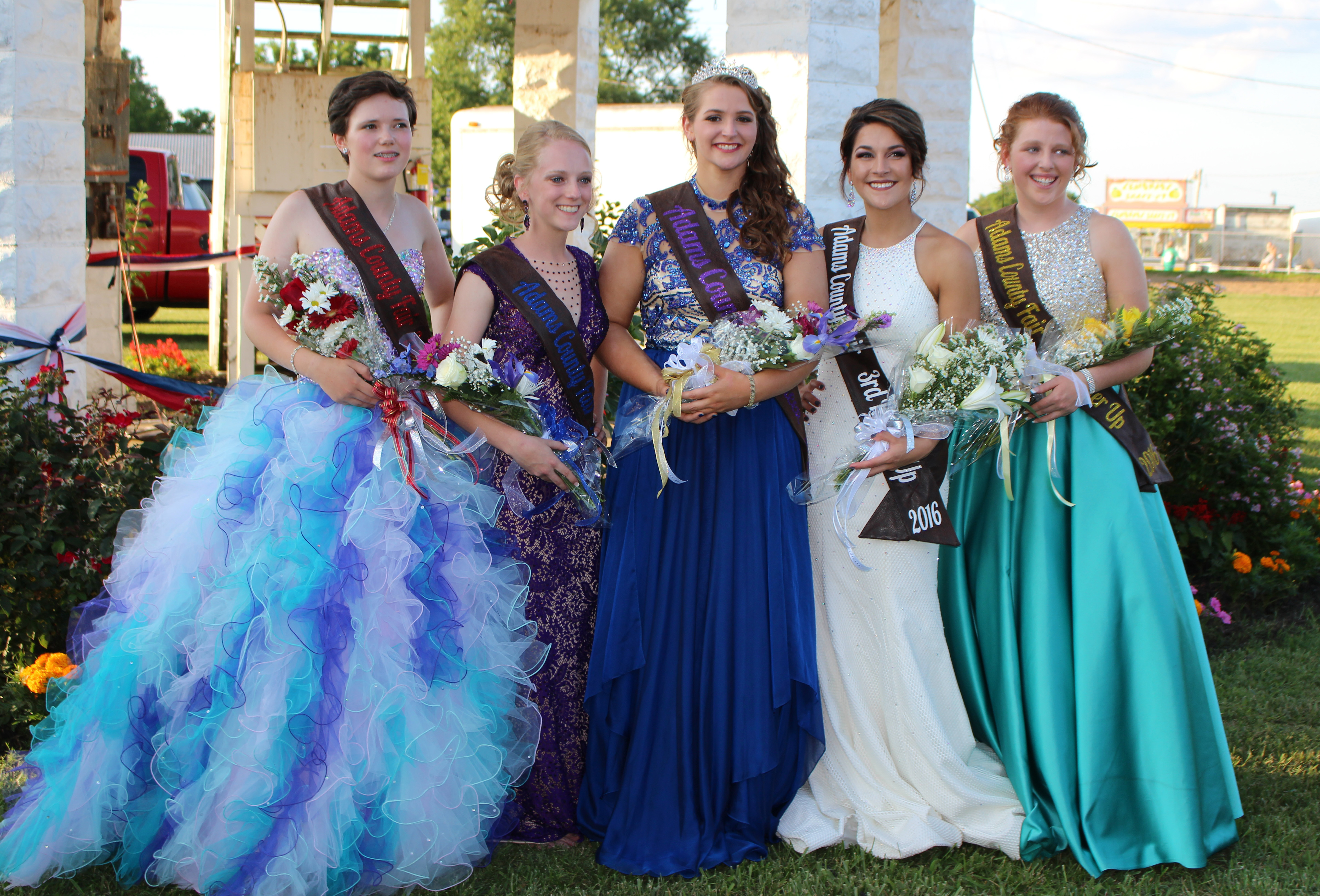 Pictured here are the 2016 Adams County Junior Fair Queen and her Court. From left, Molly Bauman, Second Runner-Up; Sarah McFarland, First Runner-Up; Queen Caitlin Young; McKayla Smith, Third Runner-Up; and Jordan Crum, Fourth Runner-Up.