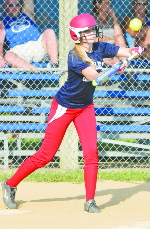 Peebles’ Josie Myers squares around to bunt in the Lady Indians’ semi-final win over Manchester in the Hillsboro AA Tournament.