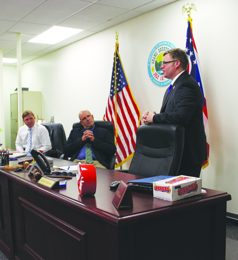 Departing Adams County Commissioner Stepehn CAraway addresses the audience during activities on his final day in office on Aug. 8.