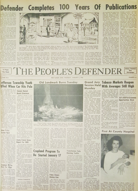 The Jan. 6, 1966 issue of The People’s Defender announced the 100th birthday of the newspaper.