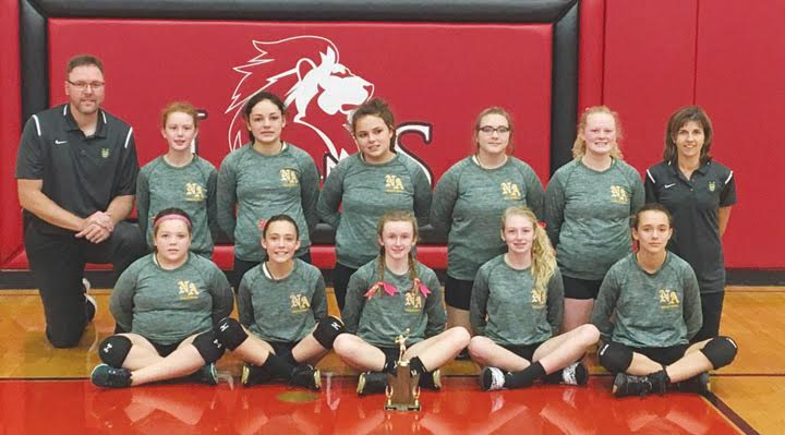 The seventh grade girls from North Adams were runners-up in the SHAC Tournament, finishing their season with an overall record of 9-8.  Front row, from left, Grace Pence, Sierra Kendall, Myla Toole, Calee Campbell, and Chelsy Conley; Back row, from left, Head Coach Rob Meade, Samara Myers, Lauren Eiterman, Annie Baker, Maleah Hall, Jadyn Wright,  and Assistant Coach Jill Lahmers.