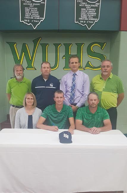 Present for the signing ceremony at WUHS were: Front row, from left, Tina Horton (mother), Craig Horton, and Danny Horton (father); Back row, from left, WUHS Co-Athletic Director Jason Little, SSU Golf Coach Dave Hopkins, WUHS Principal Roger Taylor, and WUHS Golf Coach Carl Schneider.