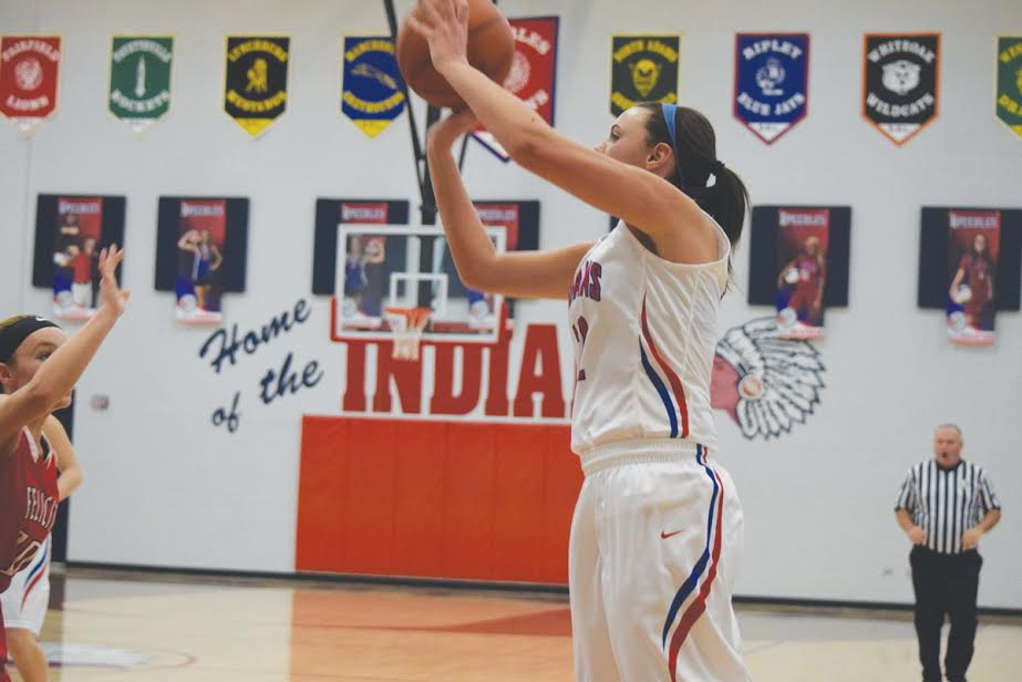 This was a familiar sight for Peebles fans and Felicity defenders on Saturday as Lady Indians’ junior McKinlee Ryan nails one of her four three pointers on the day as Peebles  knocked off Felicity 57-36 in the season opener for both teams.