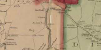 
			
				                                Pictured is a partial map of Rockbridge County, Virginia, showing the location of the land owned by Robert and Arthur Glasgow in 1800. Their names can be located at the center bottom and top of the map.
 
			
		